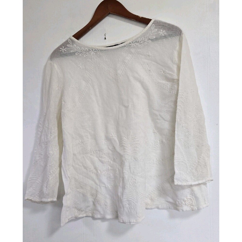 Womens Blouse XL Top White Coastal Boho Beach Y2K Beach Floral Resort Travel